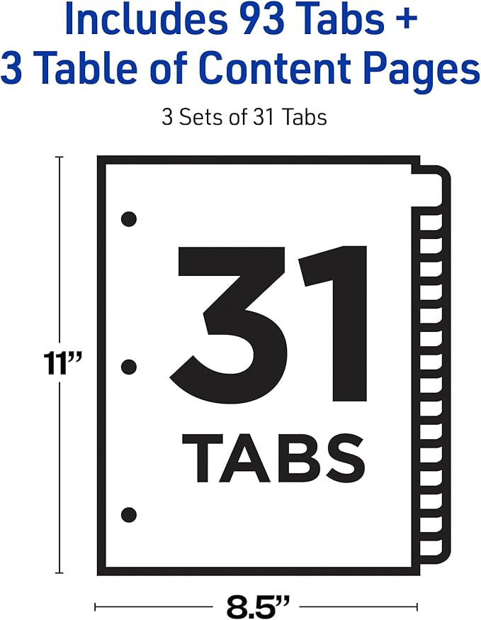 Avery 1-31 Dividers for 3 Ring Binders, 31 Tabs per Set, Customizable Table of Contents, Multicolor Tabs, Great for Organizing Reports, Projects, and More (3 Sets of 44129)