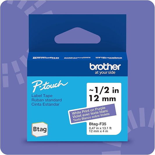 Brother Genuine P-Touch Btag BTAGF35 White on Purple Label Tape ~1/2in by 13.1ft (12mm x 4m). Use only with Btag PT-N10, PT-N20, PT-N25BT Label Makers