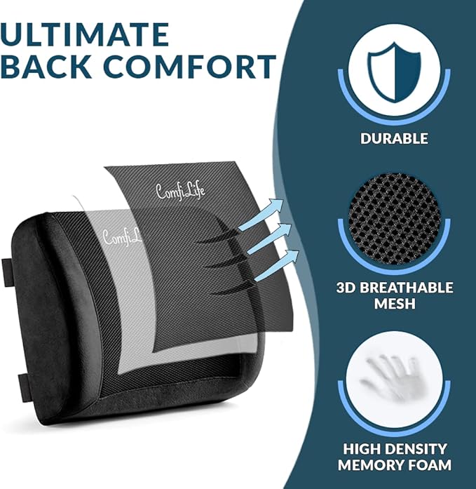 ComfiLife Lumbar Support Back Pillow Office Chair and Car Seat Cushion - Memory Foam with Adjustable Strap and Breathable 3D Mesh (Black)