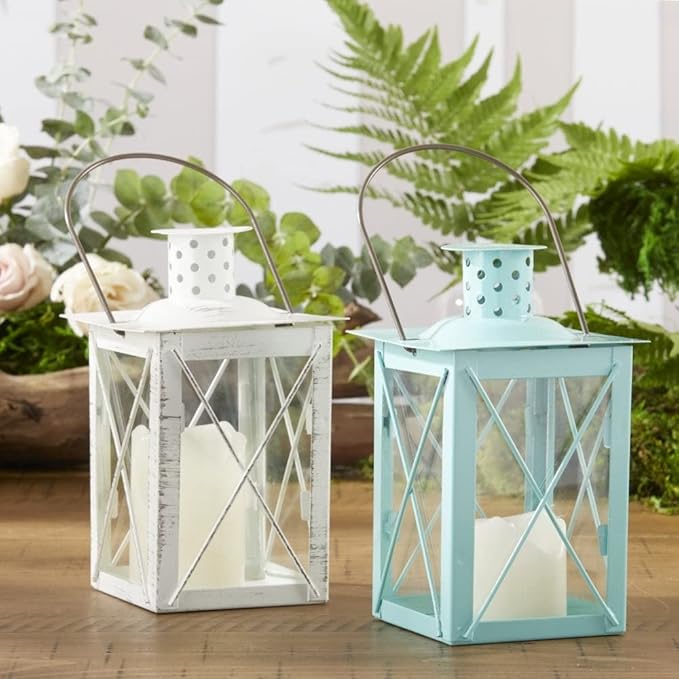 Kate Aspen Medium Decorative Lanterns - Set of 24 - Luminous Blue Metal Lantern Tealight Candle Holders Centerpieces for Wedding, Home Decor and Party - 6.3" H (8.9" H with Handle)