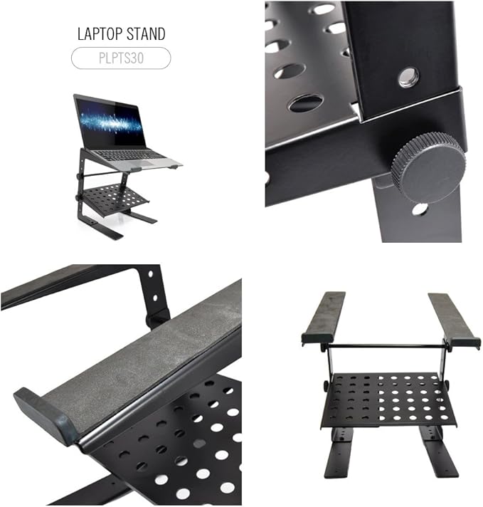 Pyle Portable Adjustable Laptop Stand - 6.3 to 10.9 Inch Standing Table Monitor or Computer Desk Workstation Riser with Shelf Storage and Height Alignment for DJ, PC, Gaming, Home or Office - PLPTS30