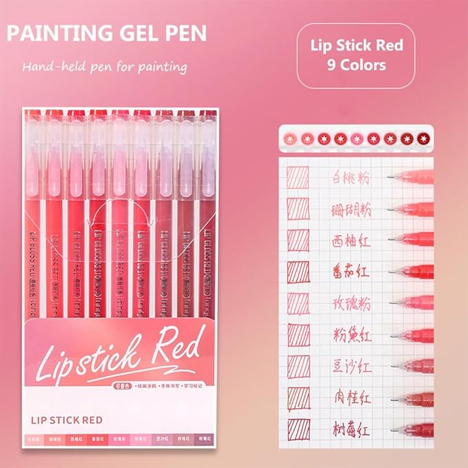 Gel Pens with Fine Point 0.6mm, 9 Colors Drawing Pencils for Adult Coloring Books Smooth Writing Pen Set for Journaling(Lip Stick Red)