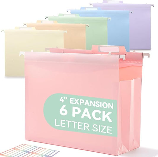 Plastic High Capacity Hanging File Folders, 4" Expansion for Bulky Documents, Side-Sealed Pocket, Holds Heavy Files, Letter Size, Movable Dividers, Insertable Tabs, 6 Pack, Pastel Colors