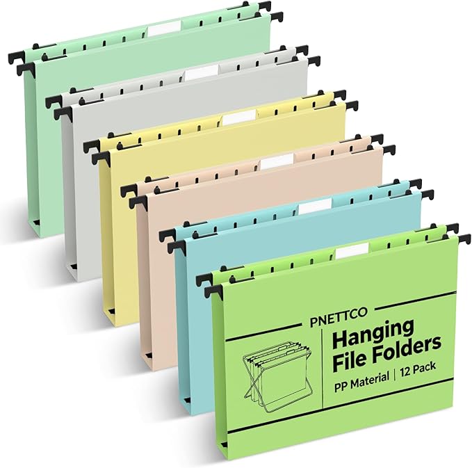 Extra Capacity Plastic Hanging File Folder, 12 Pack Reinforced Hang Folders Letter Size, Heavy Duty 1 Inch Expansion Filing Cabinet Folders, for Bulk Files, Medical Charts, Morandi Colors