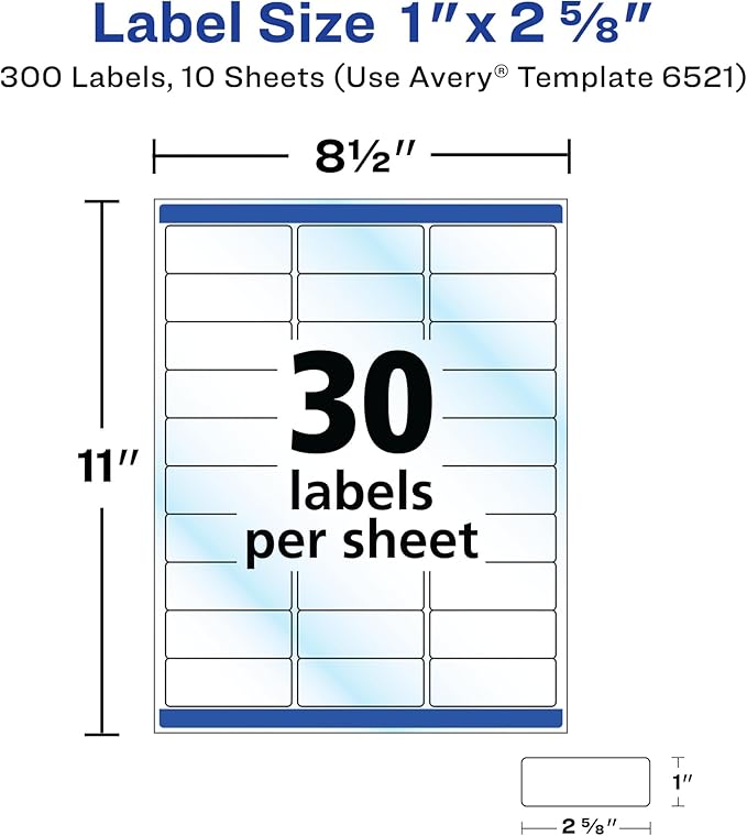 Avery Glossy Clear Address Labels, Sure Feed Technology, Laser/Inkjet, 1" x 2-5/8", 300 Labels, 5 Packs (6521)