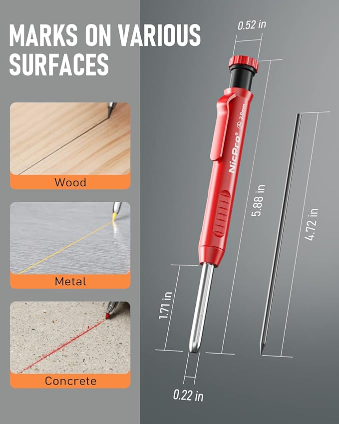 Nicpro CP1000 Carpenter Pencil with Sharpener, 2.8 mm Mechanical Pencils with 13 Refills, Deep Hole Marker for Construction, Heavy Duty Woodworking Pencil, Carpenter Tools for Architect Marking