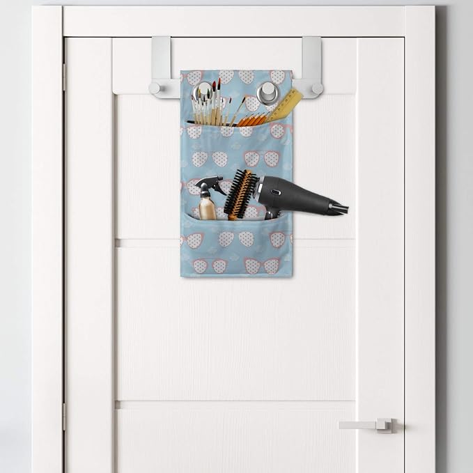 Ambesonne Pastel Hanging Pocket Organizer, Eyeglasses on a Background of Mini-Clouds, Printed Polyester Storage Bag with Pockets, 9" x 16", Blue Blush