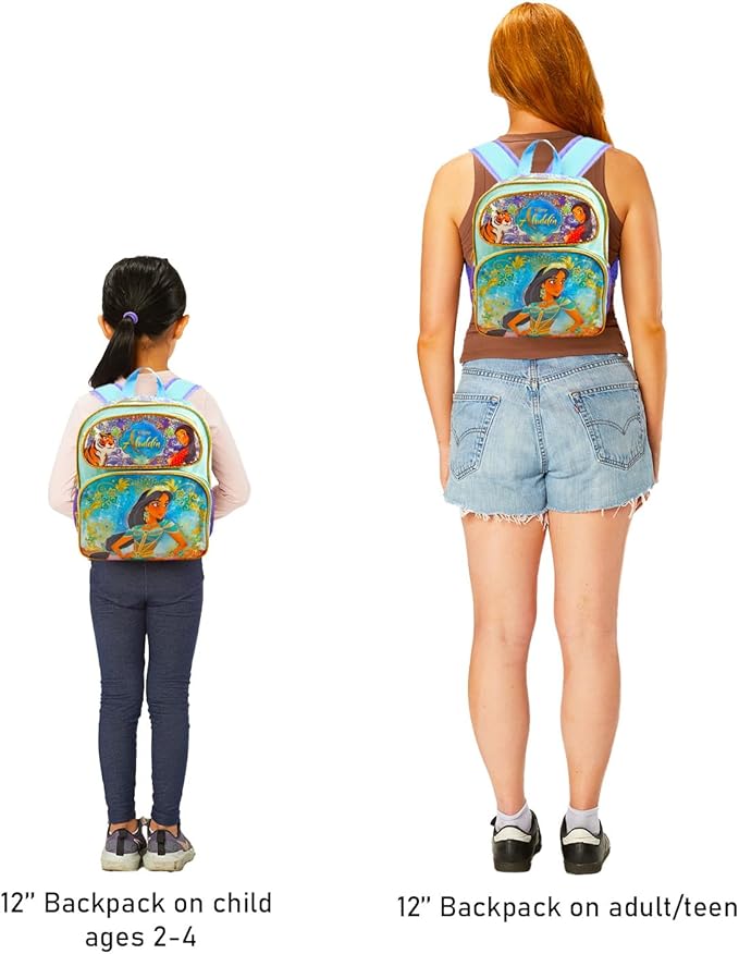Disney Aladdin Backpack and Lunch Box Set for Kids - Bundle with 12" Princess Jasmine Mini Backpack, Jasmine Lunch Bag, Stickers, Water Bottle, More | Aladdin Mini Bag for Girls