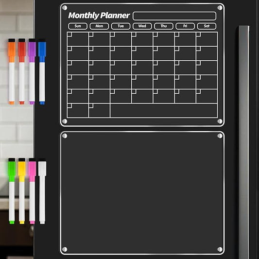 FINDMAG Acrylic Magnetic Dry Erase Board Calendar for Refrigerator, Magnetic Whiteboard for Fridge, 16"x12" Monthly Magnet Calendar for Refrigerator with 8 Colorful Highlight Markers