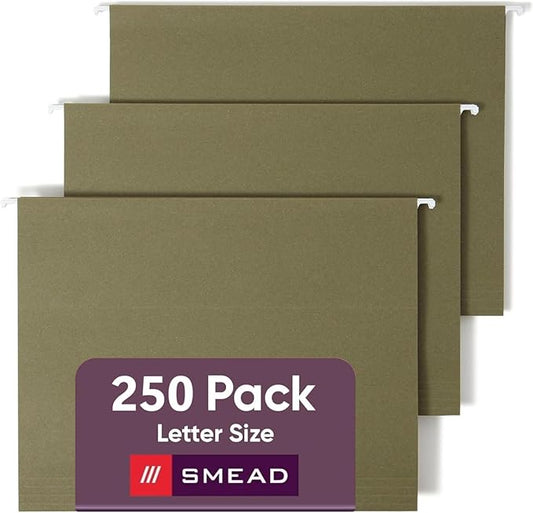 Smead Hanging File Folder, Value Filing Products Bulk Pack, 1/5-Cut Adjustable Tab, Letter Size, Standard Green, Hanging Folders for Filing Cabinets, File Organizer Folder, 250 Count