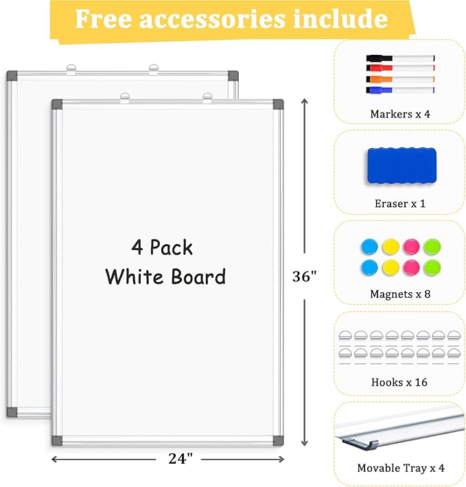 4 Pack Double-Sided Magnetic Whiteboard, 36" x 24" Dry Erase Board, Aluminum Frame White Board for Wall, Hanging Mounting White Board Dry Erase Marker Board for Office, School, Home