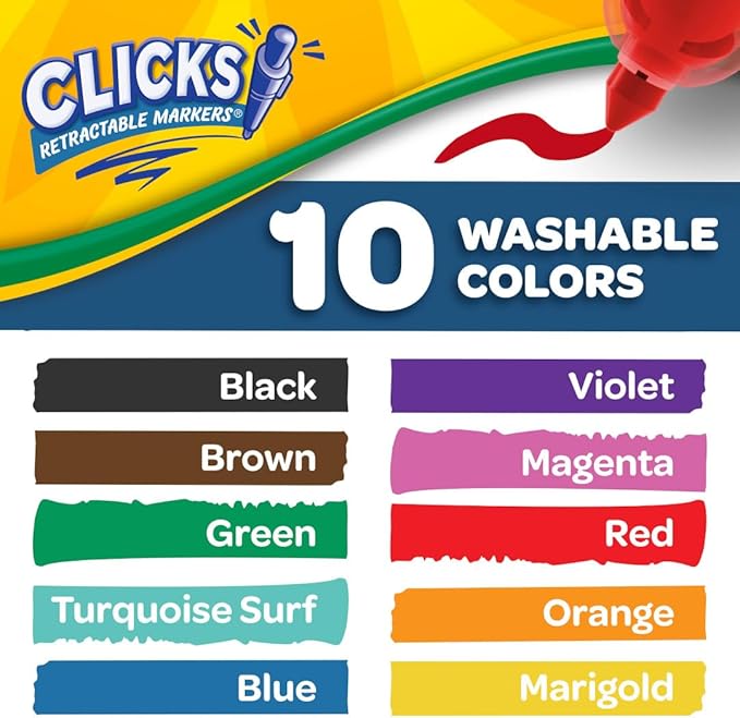 Crayola Clicks Retractable Tip Markers (10ct), Stocking Stuffers for Kids & Toddlers, Cone Tip Washable Art Marker Set, Coloring Book Supplies, No Dry, 3+ (Pack of 2)