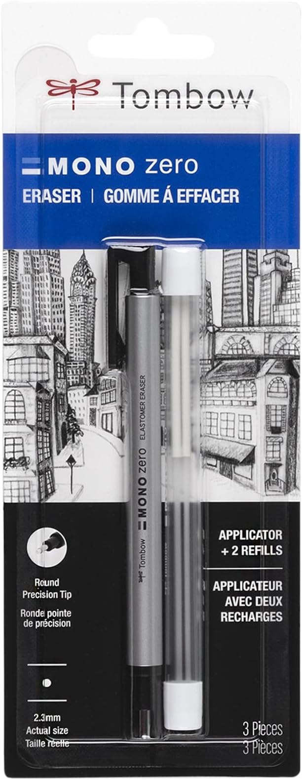Tombow 57315 MONO Zero Eraser and Refill Value Pack, Round 2.3mm. Precision Tip Pen-Style Eraser with Refill