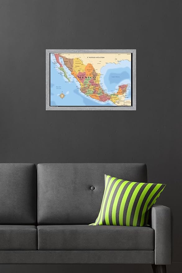 Map - Mexico Wall Poster, 22.4L" x 14.7W", Gray Framed Version