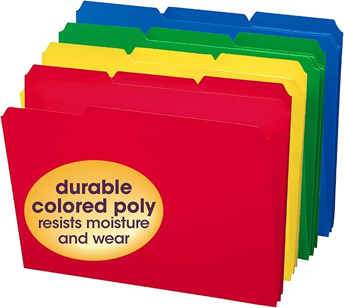 Smead Poly File Folder, 1/3-Cut- Tab Letter Size, Assorted Colors, 24 per Box (10500)