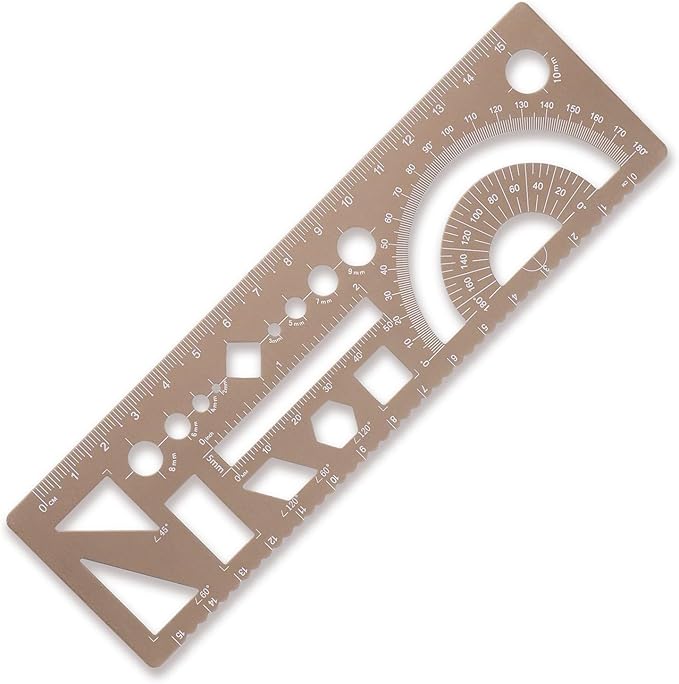 Multi-Purpose Drafting Template, Metal Geometry Ruler Set, Circle Drawing Template with Laser etcted Scale (Gold)