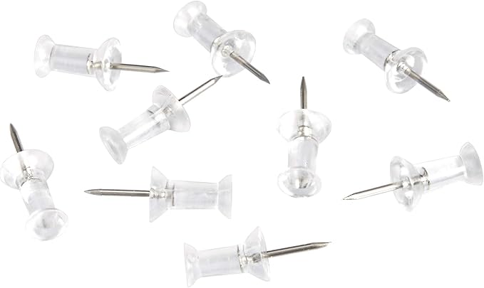 Amazon Basics Push Pins Tacks, Steel Point, Clear Plastic Head, for Cork Board, Bulletin Board, Maps, Photos, Posters, and Craft Projects, 200-Pack