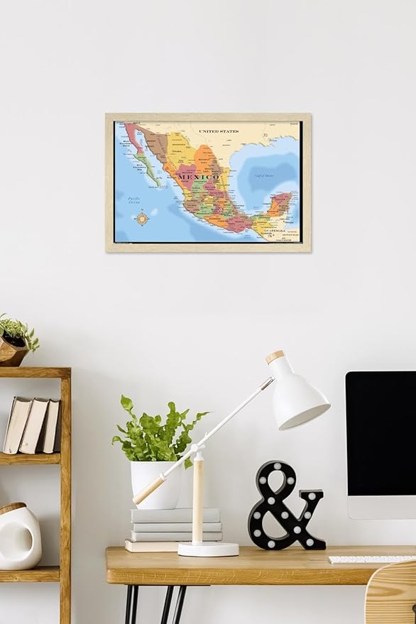 Map - Mexico Wall Poster, 22.4L" x 14.7W", Blonde Framed Version