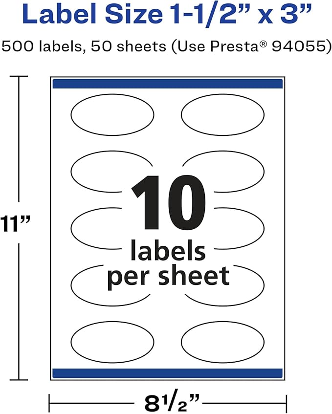 Avery Glossy White Oval Labels, Sure Feed Technology, 1.5" x 3", 500 Glossy White Labels, Print-to-The-Edge, Permanent Adhesive, Laser/Inkjet Printable