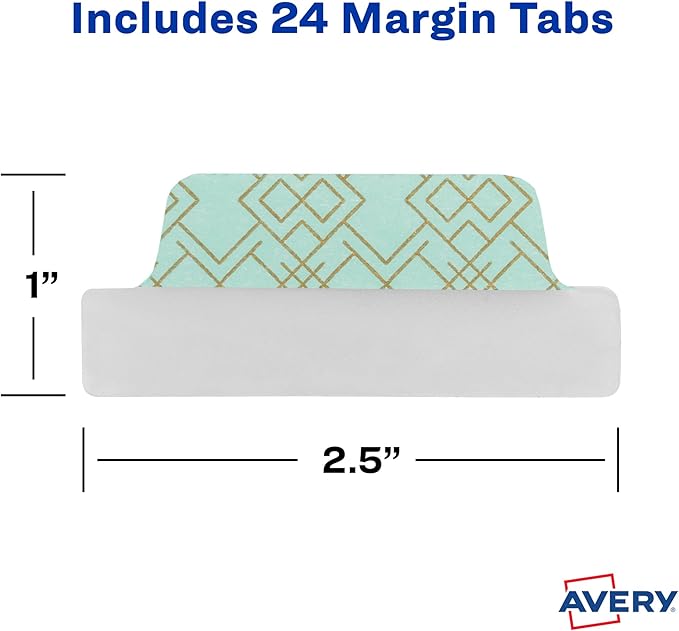 Avery Margin Ultra Tabs, 2.5" x 1", Assorted Metallic Geometric Designs, 24 Repositionable Page Tabs (30123)