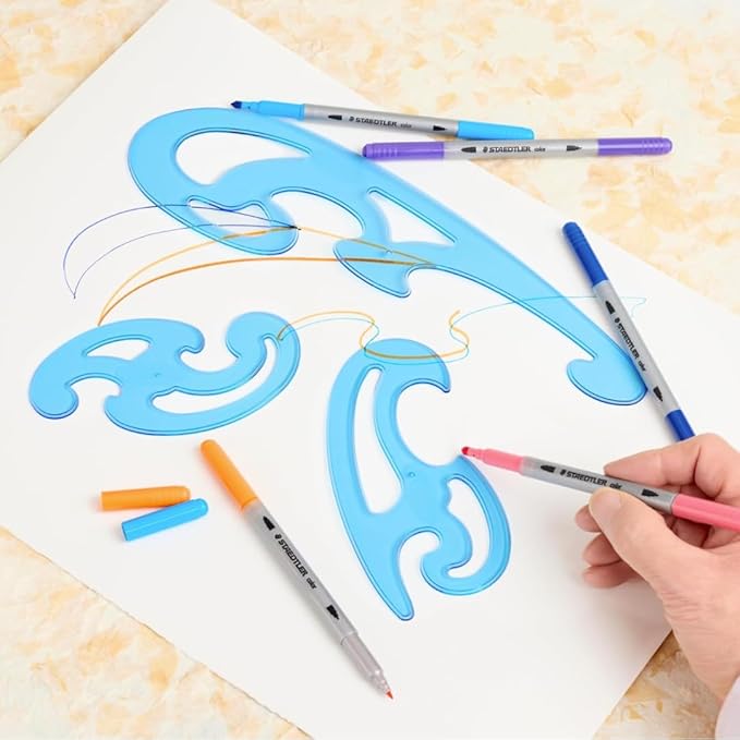 STAEDTLER Mars Professional French Curve Design Ruler Set for Pattern Making 12-Pack (12 Sets of 3 pcs), 3 Essential A B C Shapes, Blue Transparent Plastic with Inking Edge, 36 Count