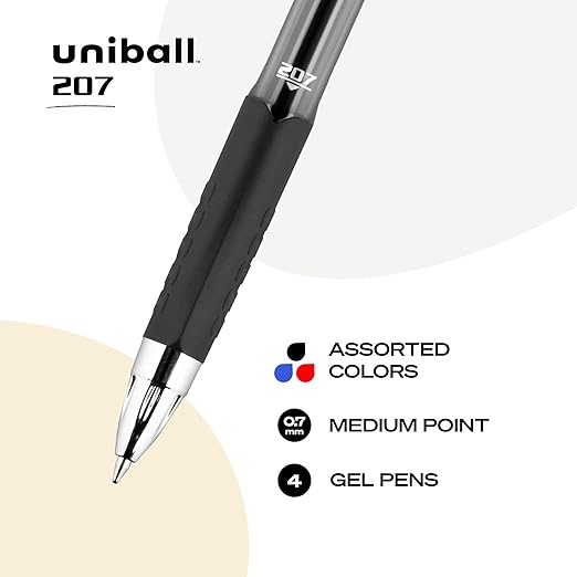 uni-ball 207 Retractable Gel Pens, Medium Point (0.7mm), Assorted Colors, 4 Count