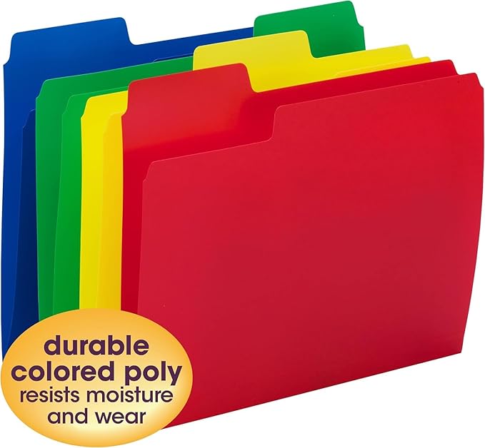Smead Poly File Folders, SuperTab, 1/3-Cut Tabs, File Folders Letter Size, Assorted Primary Colors, Office Supplies, School Supplies, 24 Count (10516)