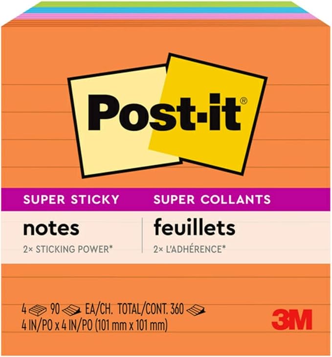 Post-it Super Sticky Lined Notes, 4 Sticky Note Pads, 4 x 4 in., Ideal for Organization in Your Dorm, Home or Office, Energy Boost Collection