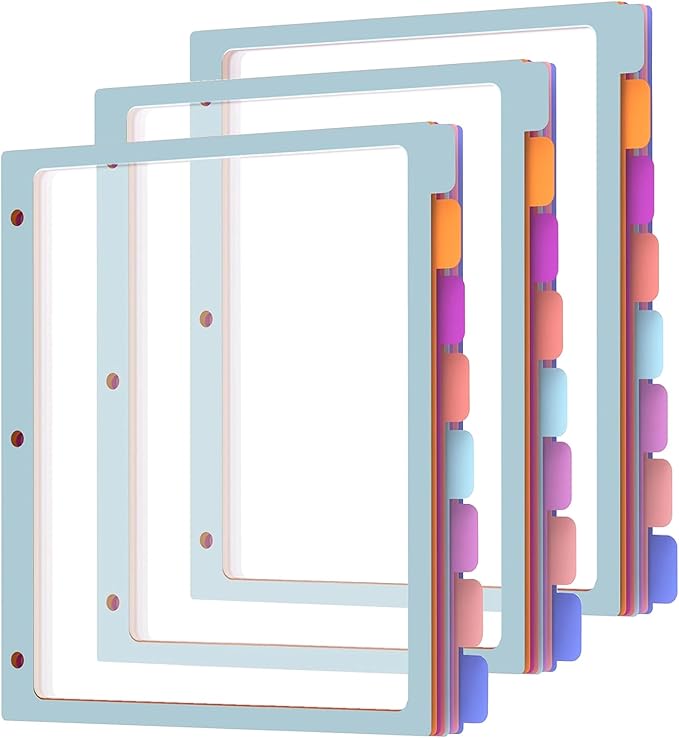 HABGP Binder Dividers with Tabs,8 Tab Dividers for 3 Ring Binder, Multi-Colored Page Binder Dividers Letter Size Plastic File Folder Pastel Color for Notebook School, 3 Hole Punch, 3 Set Total 24 Pcs