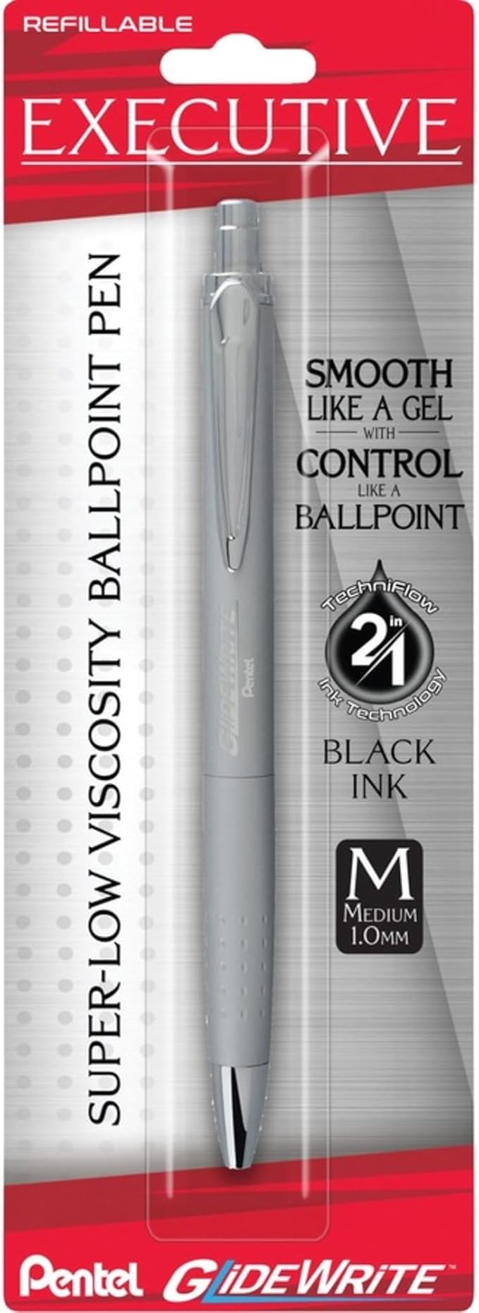 Pentel Glidewrite Executive Ballpoint Pen, (1.0mm) Medium, Silver Metal Barrel, Black Ink, Pack of 1 (BX970ZBP)