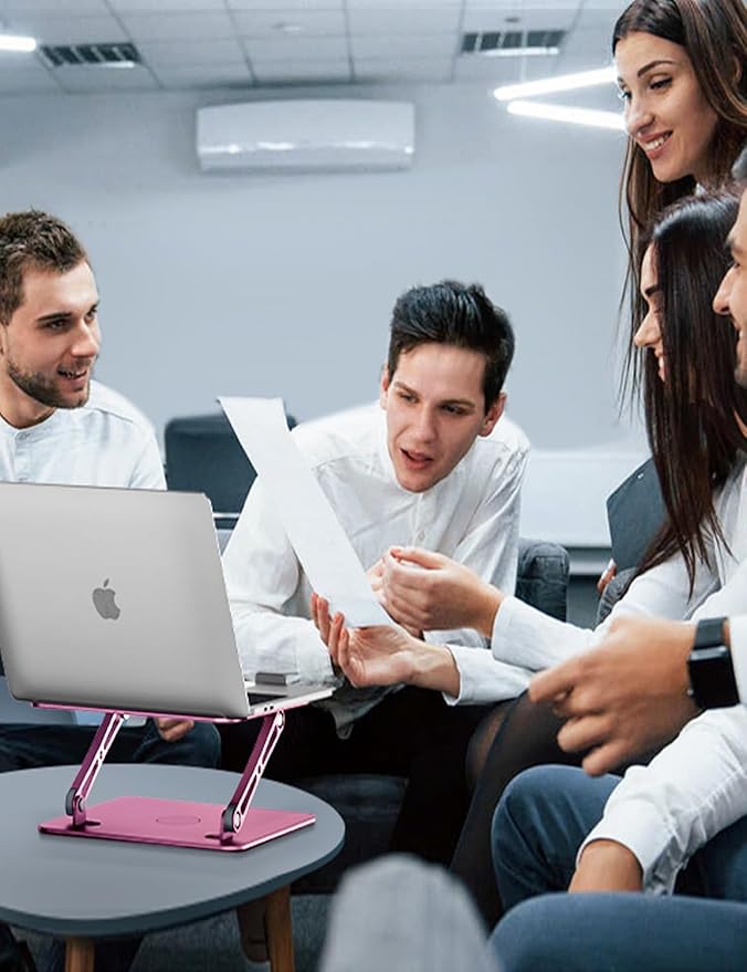 ivoler Adjustable Laptop Stand with 360° Rotating Base, Ergonomic Laptop Stand for Desk, Foldable & Portable Laptop Riser, Suitable for Collaborative Work, Fit MacBook Laptops up to 16 inches[Pink]