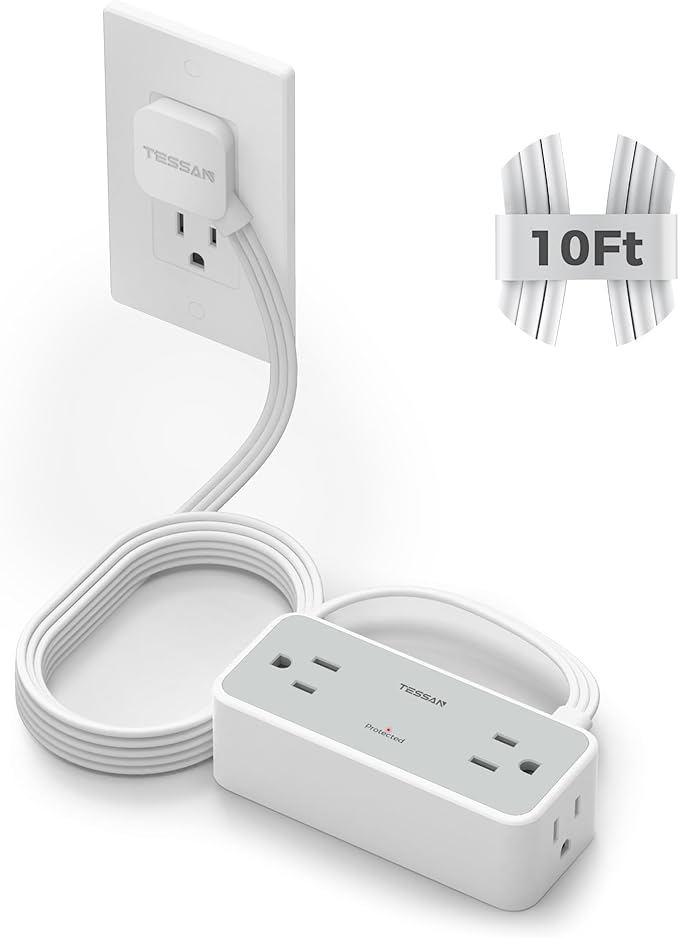 Surge Protector Power Strip, TESSAN Flat Plug Extension Cord 10 FT with 4 Wide Spaced AC Outlets, 900J Protection, Wall Mountable Charging Station for Home Office School Dorm Room Essentials