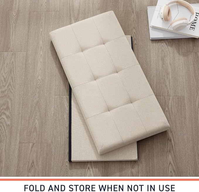 30 Inches Folding Storage Ottoman Bench, Ottoman Foot Rest, Storage Chest, End of Bed Foot Rest Stool with Padded Seat for Living Room, Bedroom, Entryway, Support 660lbs, Linen, Beige