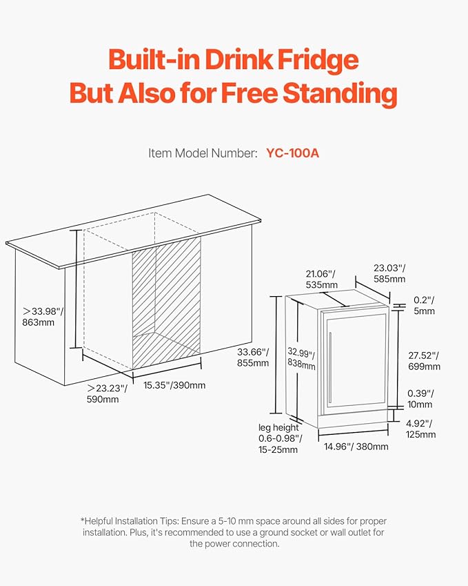 VEVOR YC-100A, 28, Mini Wine Refrigerator with Glass Door, Adjustable Shelves, Digital Temperature Control, Built-in & Freestanding Cooler Fridge for Home, Office, Bar, 32 Bottle, Sliver