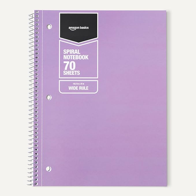 Amazon Basics Wide Ruled Spiral Notebook, For Work and School, 70 Sheets, 8" x 10.5", 5 pack, Assorted Pastel Solid Colors