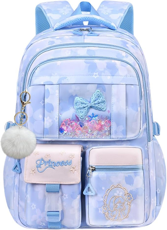 Kids Backpack School Bags for Girls, Cute Princess Backpack Multi-pocket Elementary School Students Bookbag for Girls, Blue
