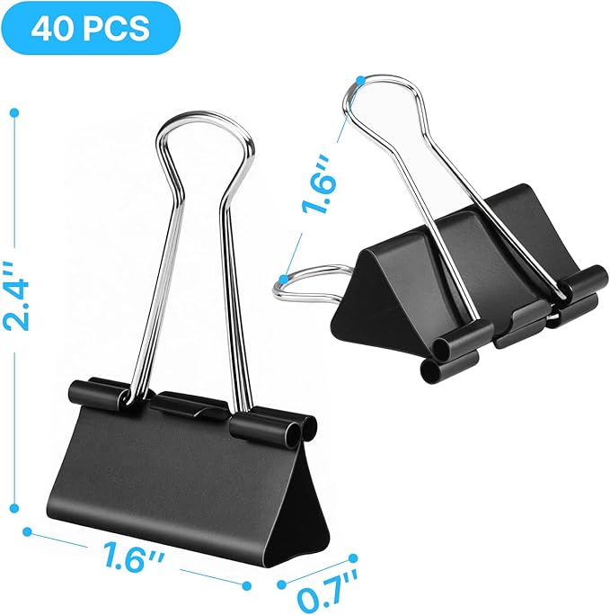 OWLKELA 1.6 Inch (40 Pack) Large Binder Clips, Black Paper Clamps for Office, School, and Home Supplies