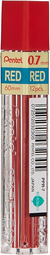 Pentel Lead Refill, .7mm, 12/TB, Red (PENPPR7)