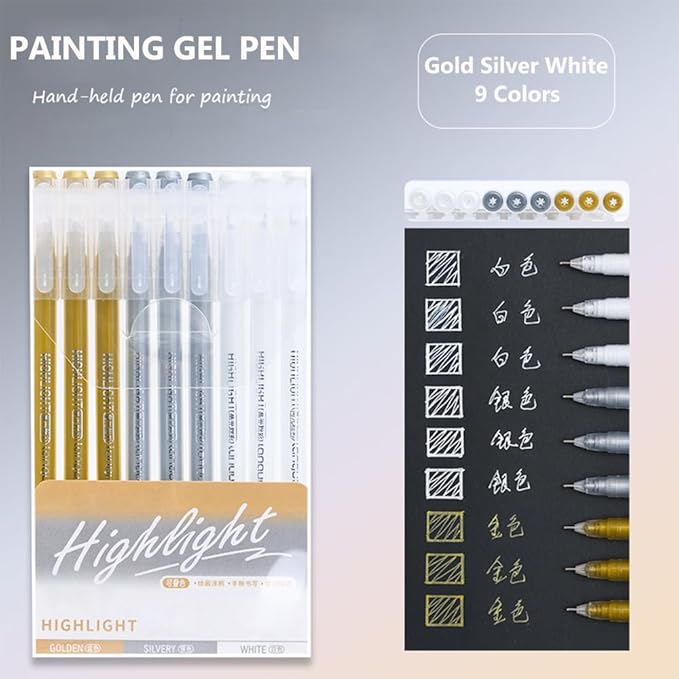 Gel Pens with Fine Point 0.6mm, 9 Colors Drawing Pencils for Adult Coloring Books Smooth Writing Pen Set for Journaling(Gold Silver White)