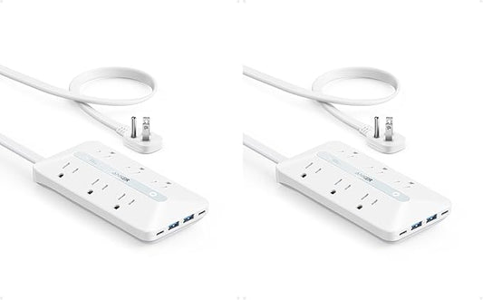 Anker Flat Plug Power Strip(300J), 20W USB-C, 10-in-1 Ultra Thin Power Strip with 6 AC, 2 USB-A/2 USB-C,10feet Extension Cord, Desk Charging Station,Home Office College Dorm Essentials (Pack of 2)