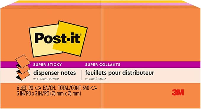 Post-it Super Sticky Pop-upNotes, 3x3 in, 6 Pads, 2X The Sticking Power, Energy Boost Collection, Bright Colors (Orange, Pink, Blue, Green),Recyclable (R330-6SSUC) (Pack of 12)