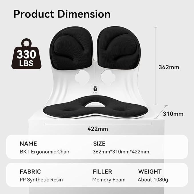 BKT Seat Cushion Chair Ergonomic Office Chair Cushions Lumbar Support for Seat Pillow Ideal for Students Office Workers Nursing Mothers Long Sitting Outdoor Fishing Floor (L-Black)