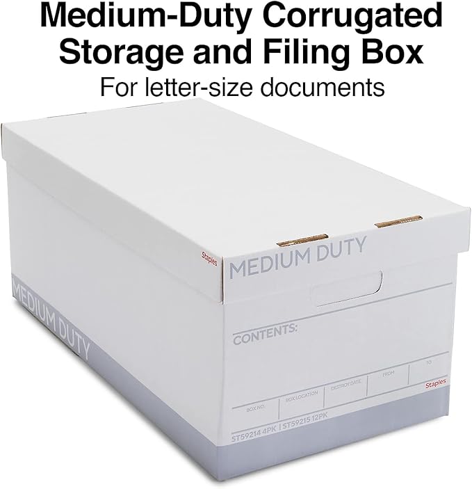 STAPLES Storage & Filing Box, Medium-Duty with Handles & Removeable Lid, Letter Size Documents, Stackable, 12-Pack, White/Gray