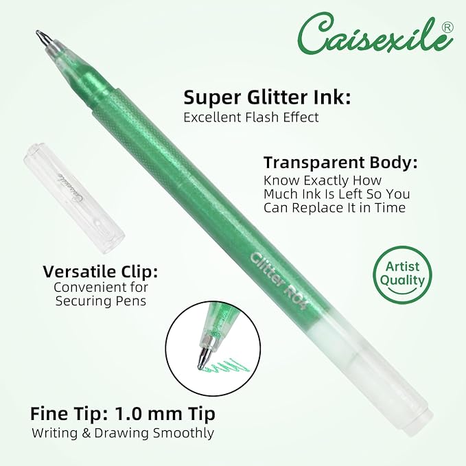 12 Green Glitter Gel Pens Set, 1.0 mm Fine Point for Black Paper & White Paper, Large Capacity Pens for Journaling, Adult Coloring Books, Drawing, Note Taking, Highlighting