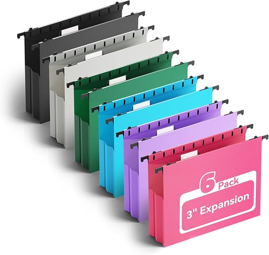Ansook Plastic Hanging File Folders Letter Size,Heavy Duty 3" Expansion Hang Folder,6 Pack File Cabniet Folder,Extra Capacity File Folders Hanging with Tabs,Hanging File Organizer for School Office