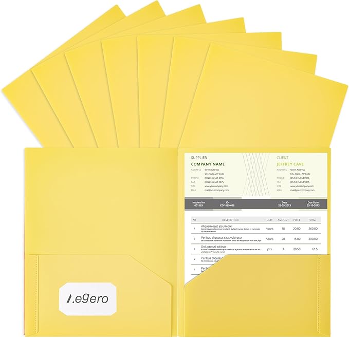 Plastic Folders with Pockets (7 Pack, Yellow), Durable Heavy Duty File Folders with Business Card Slot, 2-Pocket Folder for Schoolwork & Office,Letter Size