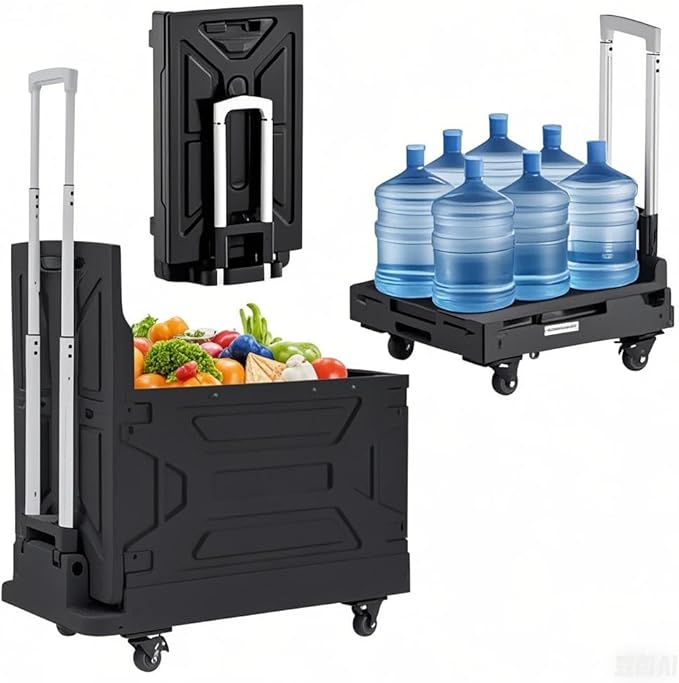 VECELO Foldable Shopping Cart with Wheels, Collapsible Rolling Crate for Groceries, Folding Storage Box with Handle, Three Modes of Use, Ideal for Teacher, Trip, Outdoors, Etc., 23GAL,Black