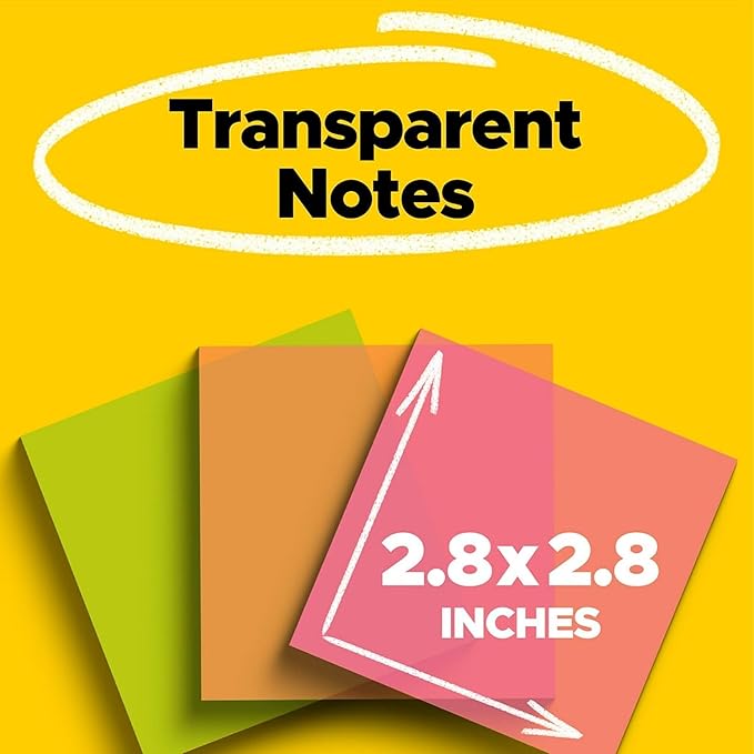 Post-it Transparent Notes Notes, 2.8-inch x 2.8-inch, Assorted Collection, 30 Sheet/Pad, 3 Pads/Pack (600-3COL)