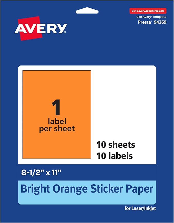 Avery Printable Sticker Paper, 8-1/2" x 11", Full-Sheet Labels, Bright Orange Labels, Laser/Inkjet Printable, 10 Total, Great for Packaging and Stickers