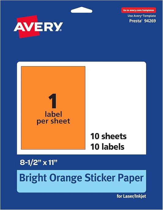 Avery Printable Sticker Paper, 8-1/2" x 11", Full-Sheet Labels, Bright Orange Labels, Laser/Inkjet Printable, 10 Total, Great for Packaging and Stickers